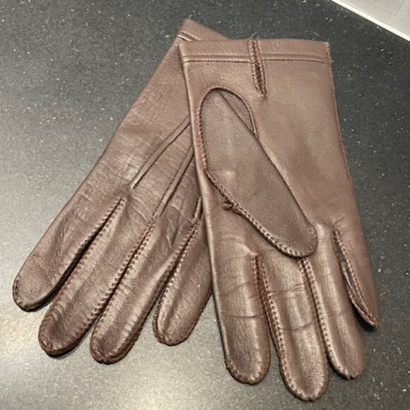 SLEEK BROWN LEATHER VINTAGE GLOVES SIZE 7 2/3 IN SIZE LARGE LOVELY SOFT LINING - Picture 3 of 6